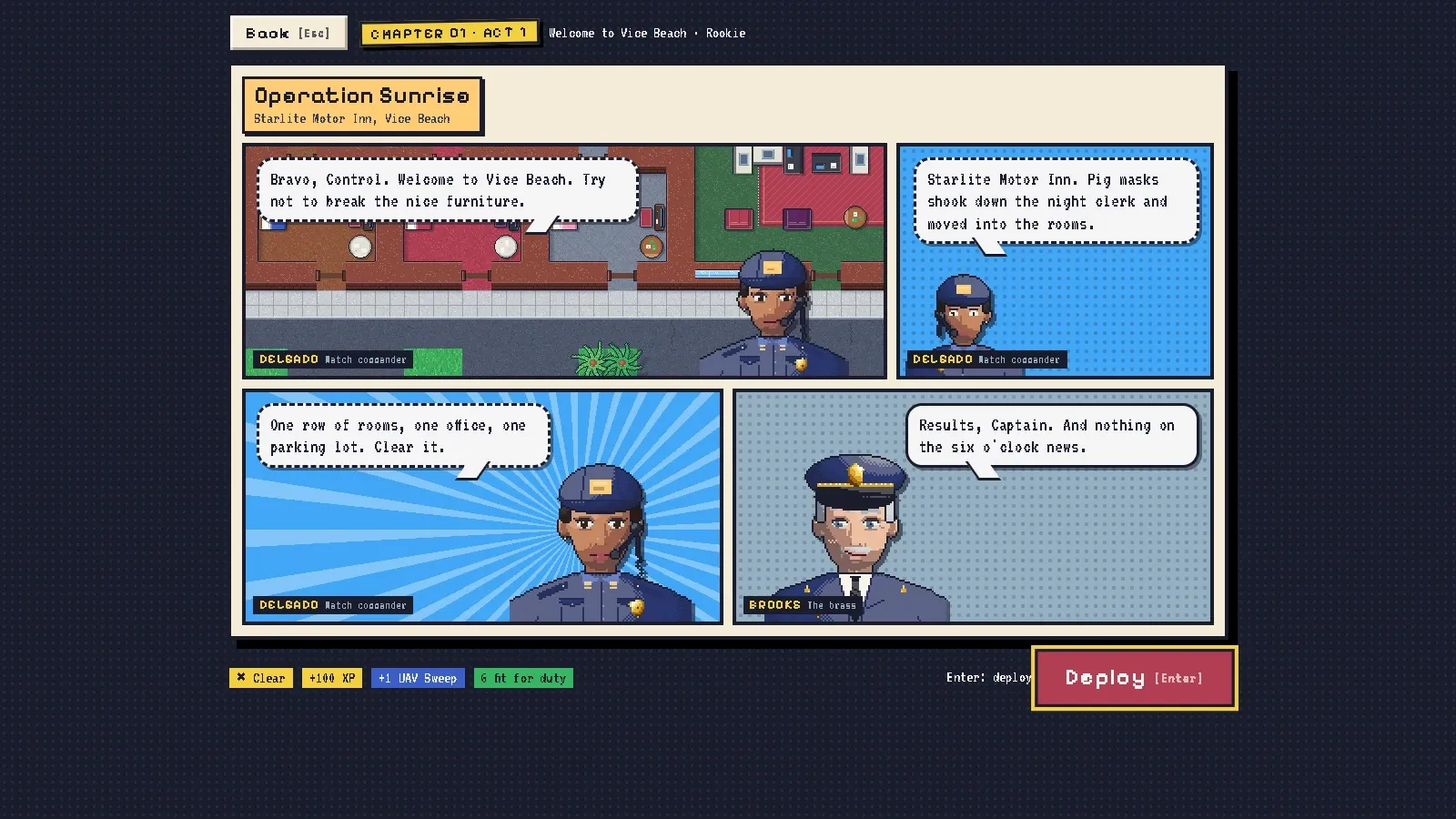 Comic-panel briefings over the real building