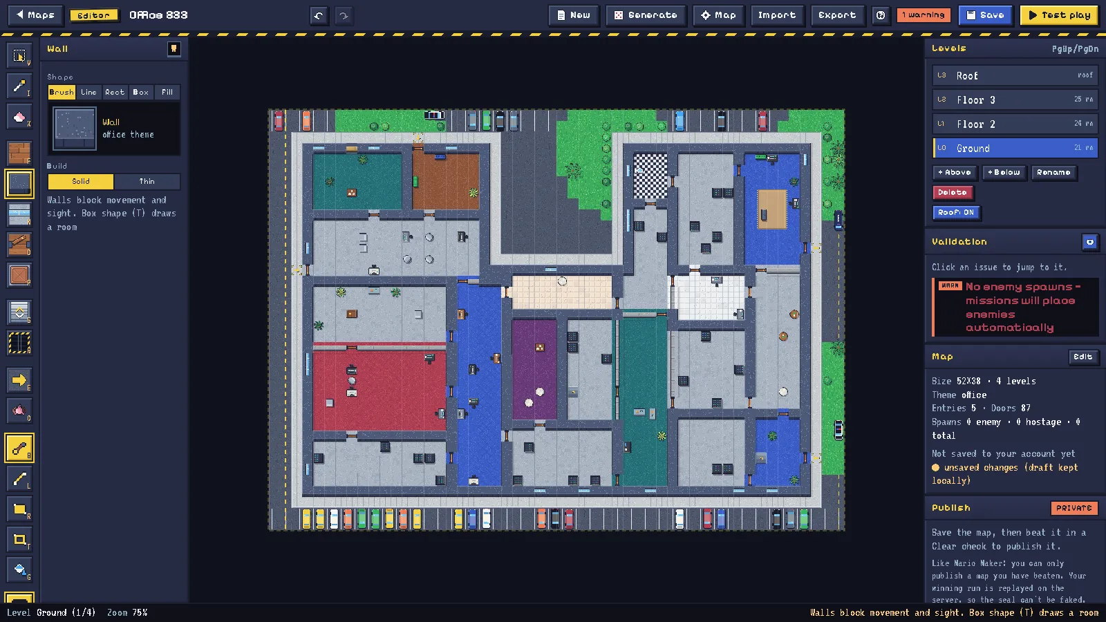 Map editor: multi-storey buildings with stairs, shafts, thin walls and a roof